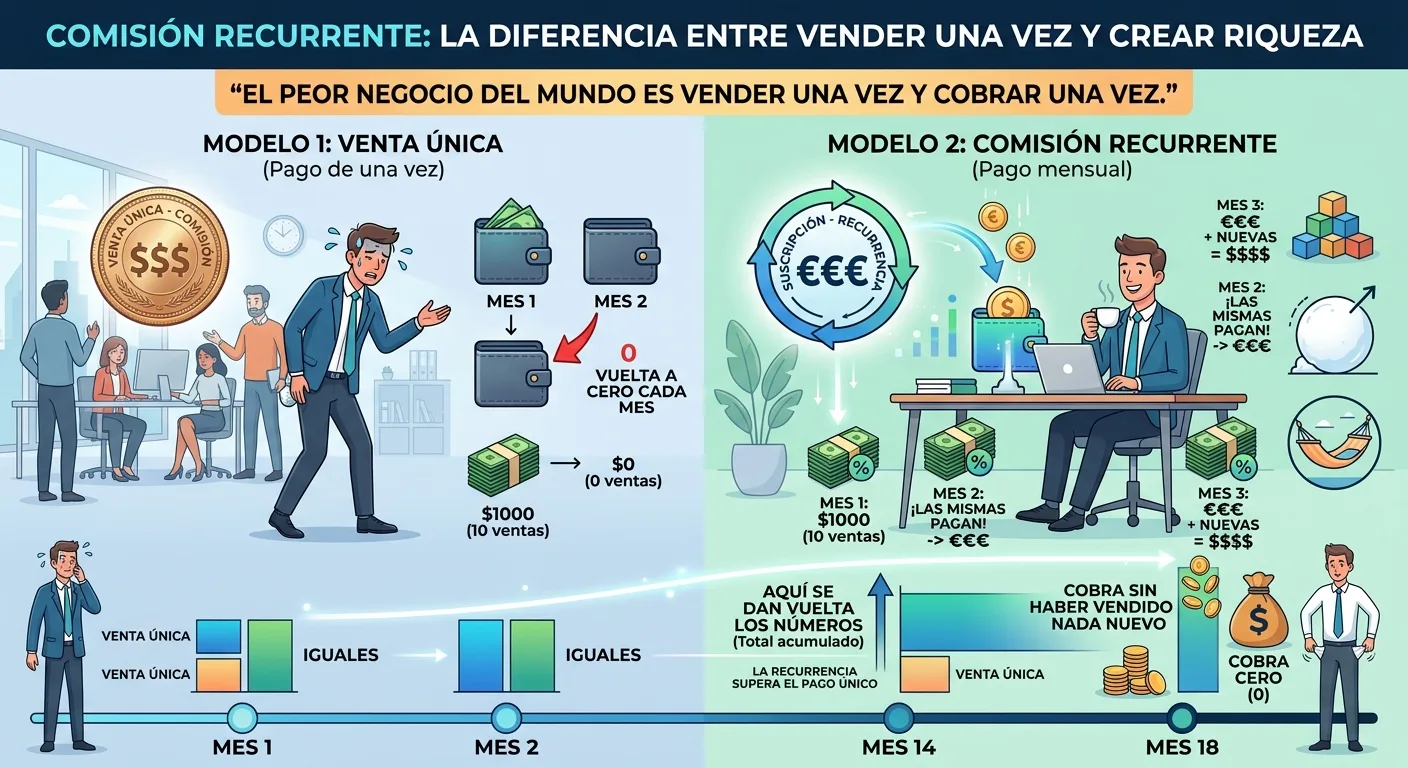 Comparación entre una comisión única, que vuelve a cero cada mes, y una comisión recurrente que se acumula hasta superarla en el mes catorce