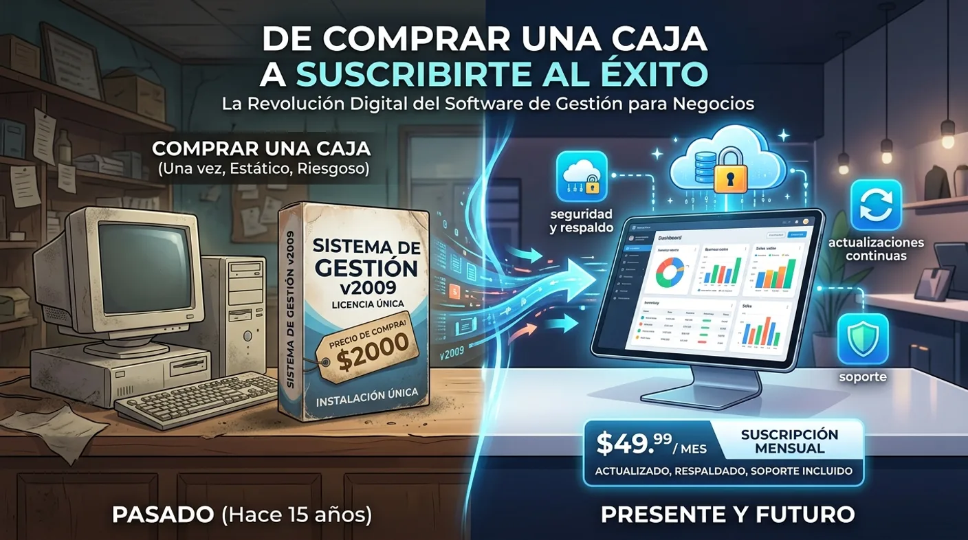 Comparación entre el software de gestión en caja con licencia única de hace quince años y el sistema por suscripción en la nube