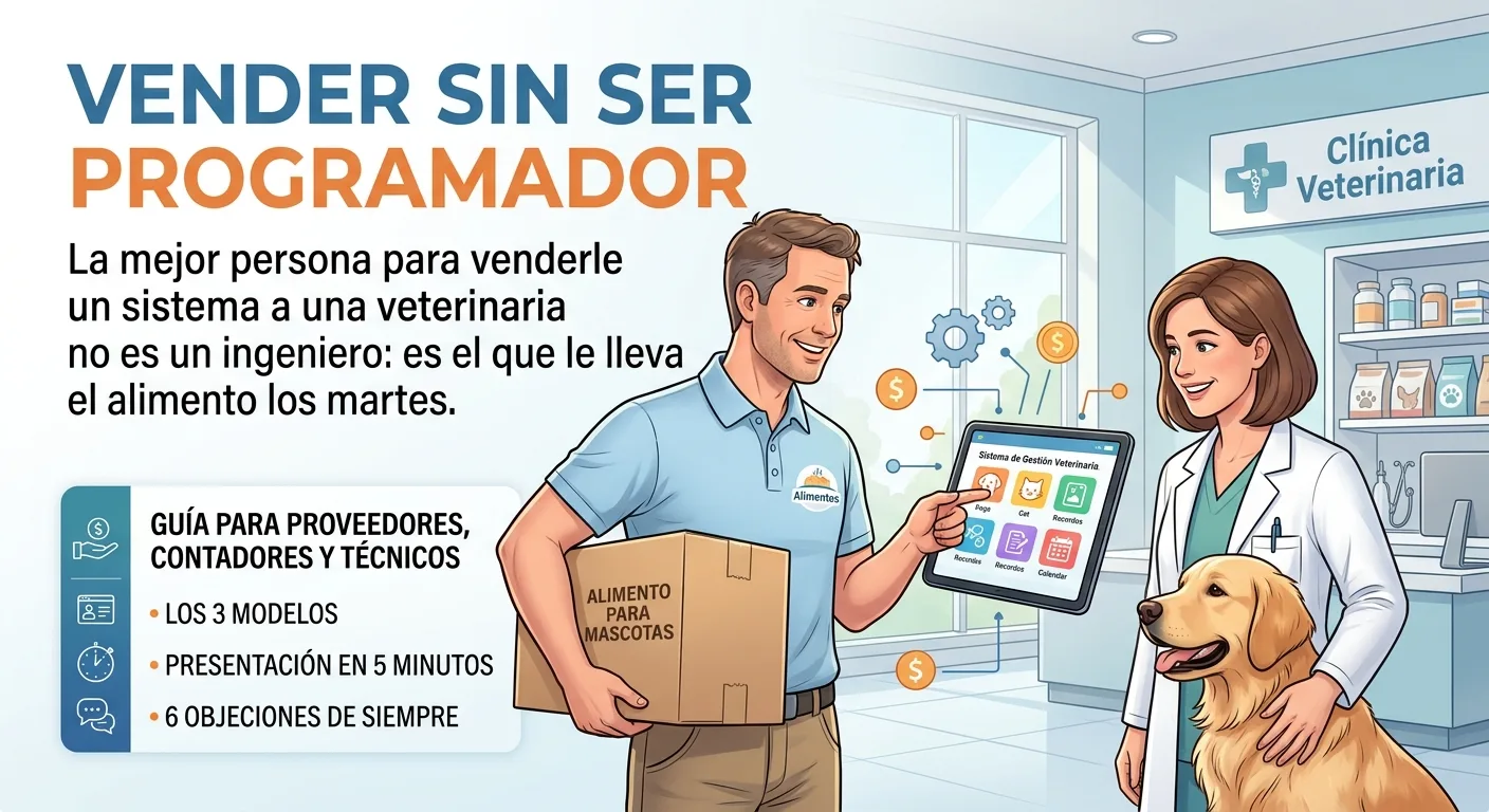 Un proveedor de alimento para mascotas le muestra en una tablet el sistema de gestión a la veterinaria que ya es su clienta