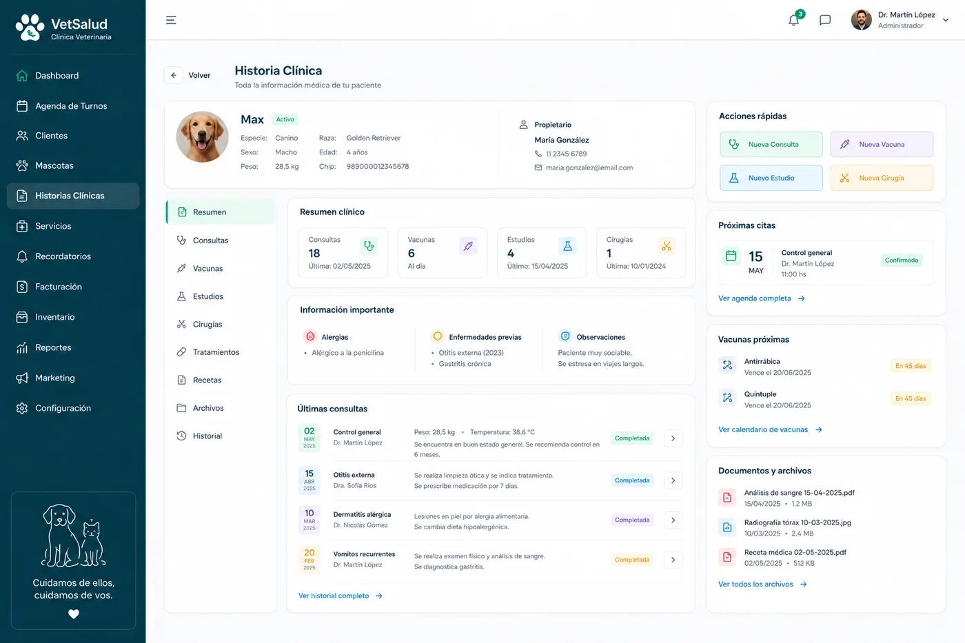 Historia clínica de una mascota en Vet 360iA con el detalle de consultas, vacunas y tratamientos aplicados